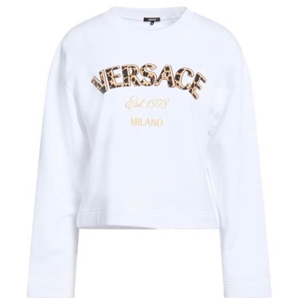 Versace White Crop Sweatshirt with Leopard Print Logo NWT Size 50 (Large/XL)